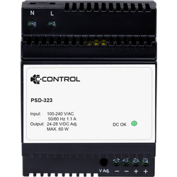 C-Control  PSD-323  síťový zdroj na DIN lištu  Spotřeba (Stand-By) 0.3 W  24 V/DC  2.5 A  60 W  Počet výstupů:1 x    Obsahuje 1 ks