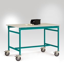 Manuflex LB4033.5021 Odkládací stolek ESD ZÁKLADNÍ mobilně se kaučuk stolní deska ve vodní modrá RAL 5021, Šxhxv: 1250 x 600 x 850 mm  vodní modrá