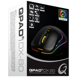 QPAD DX80 herní myš USB optická černá, RGB 7 tlačítko 1000 dpi, 1600 dpi, 2400 dpi, 3200 dpi, 5000 dpi, 8000 dpi s podsvícením