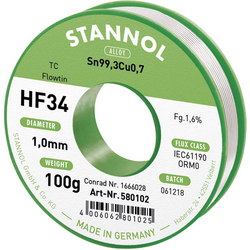 Stannol HF34 1,6% 1,0MM FLOWTIN TC CD 100G bezolovnatý pájecí cín cívka, bez olova Sn99,3Cu0,7 ORM0 100 g 1 mm