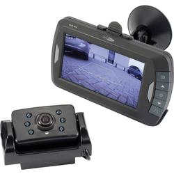 Caliber  bezdrátový couvací videosystém 2 kamerové vstupy, automatické vyvážení bílé, clona F2.0, volně nastavitelná kuželová kamera, dodatečný IR, sklopná, otočná pevná montáž, přísavka černá