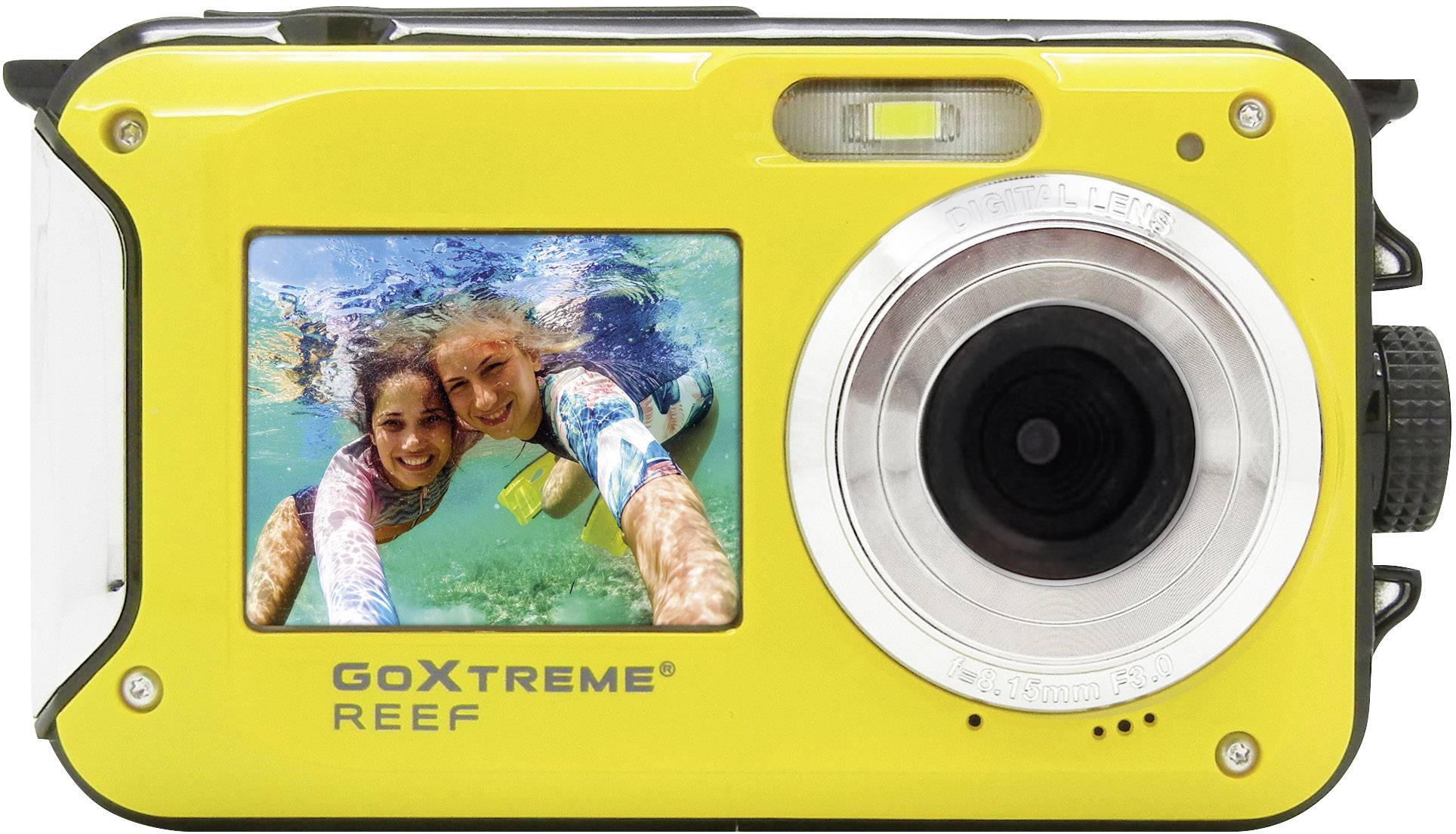 GoXtreme Reef Yellow digitální fotoaparát 24 Megapixel žlutá Full HD videozáznam, vodotěsný do 3 m, voděodolný, odolný proti nárazu, s vestavěným bleskem