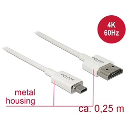 Delock HDMI kabel Zástrčka HDMI-A, Zástrčka HDMI Micro-D 0.25 m bílá 85147 pozlacené kontakty HDMI kabel