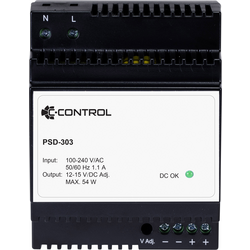 C-Control  PSD-303  síťový zdroj na DIN lištu  Spotřeba (Stand-By) 0.3 W  12 V/DC  4.5 A  54 W  Počet výstupů:1 x    Obsahuje 1 ks