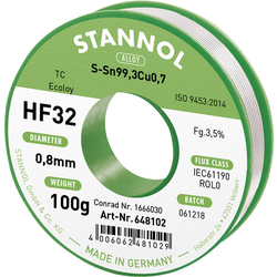 Stannol HF32 3,5% 0,8MM SN99,3CU0,7 CD 100G bezolovnatý pájecí cín bez olova, cívka Sn99,3Cu0,7 ROL0 100 g 0.8 mm
