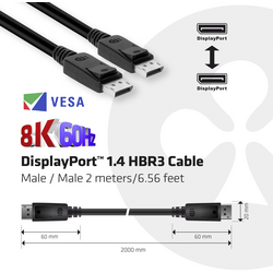 club3D DisplayPort kabel Konektor DisplayPort, Konektor DisplayPort 2.00 m černá CAC-2068 samozhášecí, Ultra HD (8K) Kabel DisplayPort