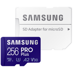 Samsung PRO Plus paměťová karta SDXC 256 GB Class 10, Class 10 UHS-I, UHS-I, v30 Video Speed Class podpora videa 4K, výkonnostní standard A2, vč. SD adaptéru, nárazuvzdorné