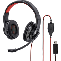 Hama HS-USB400 Počítače Sluchátka Over Ear kabelová stereo černá, červená regulace hlasitosti, Vypnutí zvuku mikrofonu