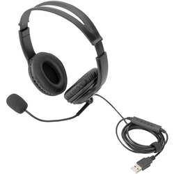 Digitus DA-12204 Počítače Sluchátka On Ear kabelová stereo černá Redukce šumu mikrofonu, Potlačení hluku regulace hlasitosti, Vypnutí zvuku mikrofonu